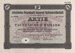 Акция Пивоваренный завод Schultheiss Patzenhofer, 1000 рейхсмарок 1932 г, Германия